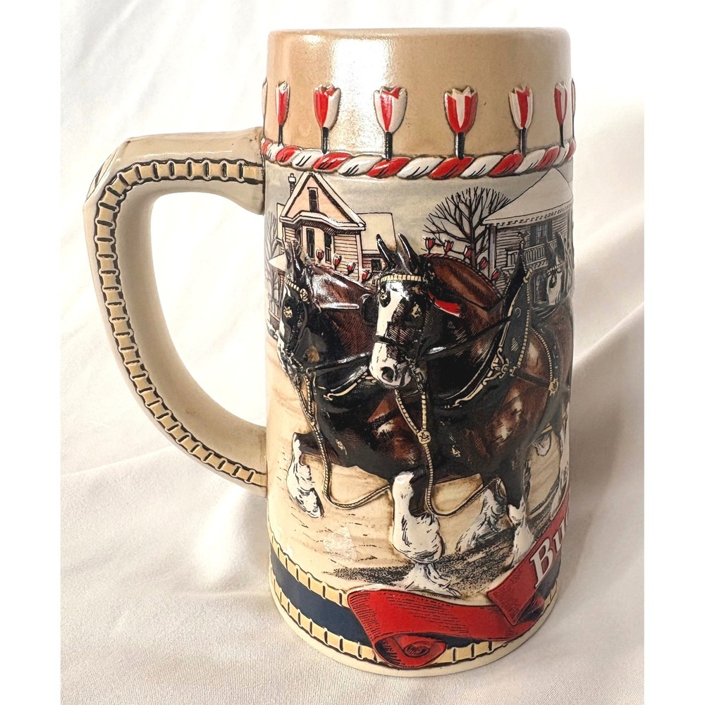 VTG Budweiser Holiday Beer Stein 1986 CS66 Clydesdales Ceramarte Brazil